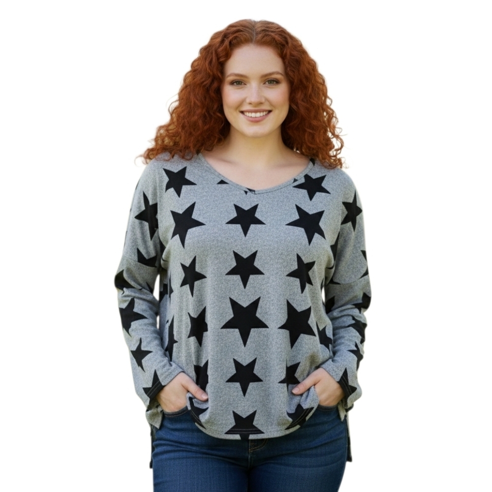 Soft Star Top Grey Black V Neck